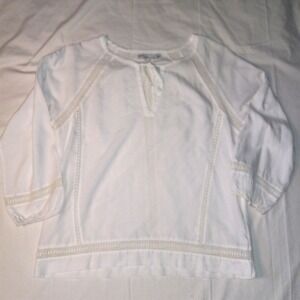 Prana White Peasant Blouse Crochet Trim Tie Neck Long Sleeve Top Boho Chic‎ Sz L